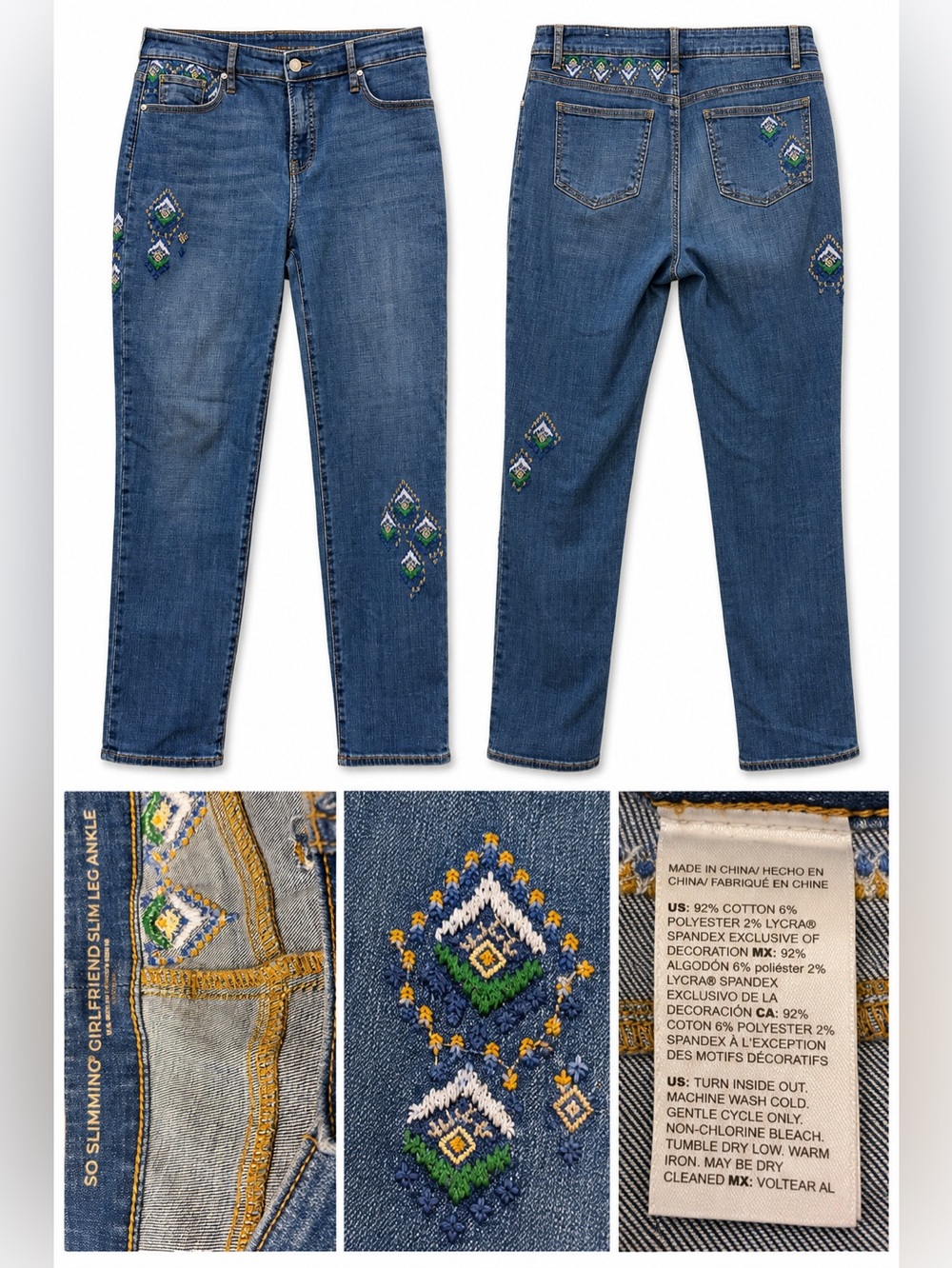 Chico’s So Slimming Embroidered Girlfriend Ankle Jeans Size 1 ( Small size 8)